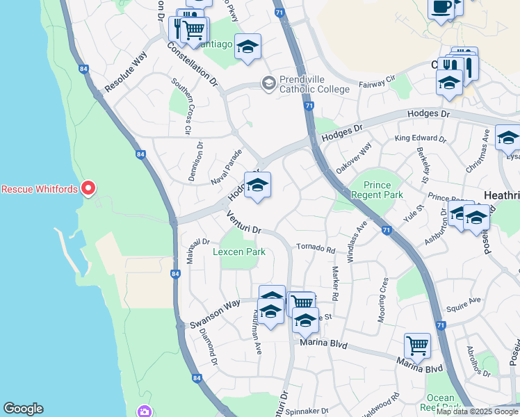 map of restaurants, bars, coffee shops, grocery stores, and more near 21 Venturi Drive in Ocean Reef