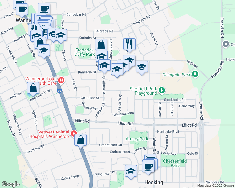 map of restaurants, bars, coffee shops, grocery stores, and more near 3 Uringa Way in Wanneroo
