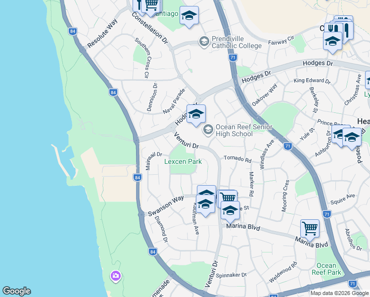 map of restaurants, bars, coffee shops, grocery stores, and more near 20 Venturi Drive in Ocean Reef