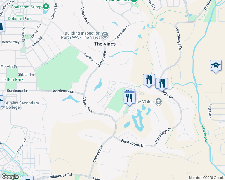 map of restaurants, bars, coffee shops, grocery stores, and more near 76 Pavilion Circle in The Vines