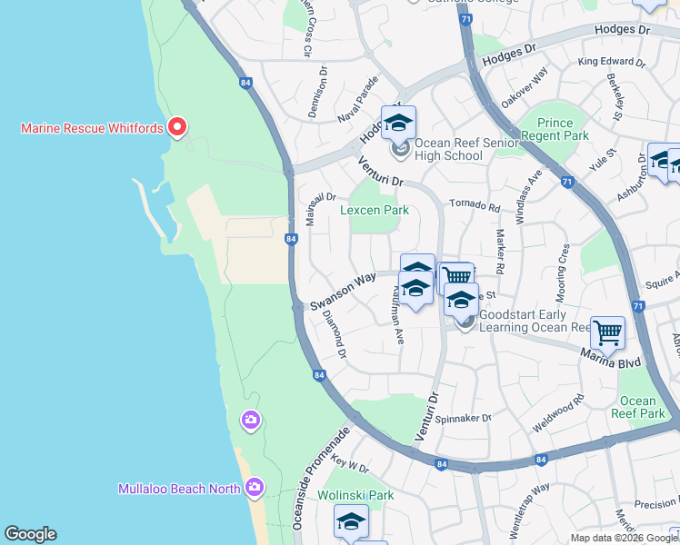 map of restaurants, bars, coffee shops, grocery stores, and more near 3 Stay Court in Ocean Reef