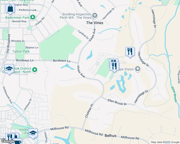 map of restaurants, bars, coffee shops, grocery stores, and more near 39 Pavilion Circle in The Vines