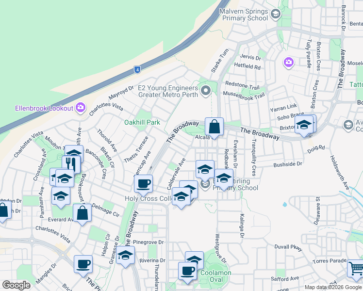 map of restaurants, bars, coffee shops, grocery stores, and more near 16 Elmina Avenue in Ellenbrook