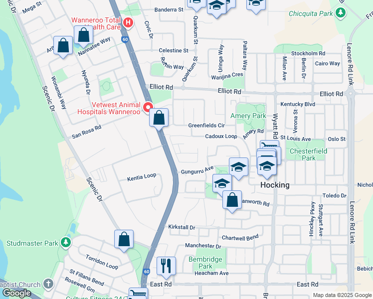 map of restaurants, bars, coffee shops, grocery stores, and more near 13 Tempranillo Rise in Hocking