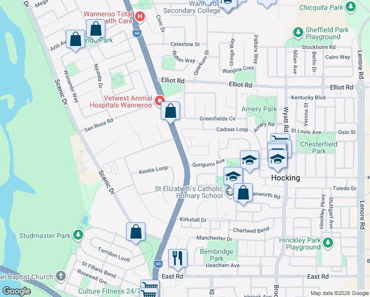 map of restaurants, bars, coffee shops, grocery stores, and more near 78 Vignerons Loop in Hocking