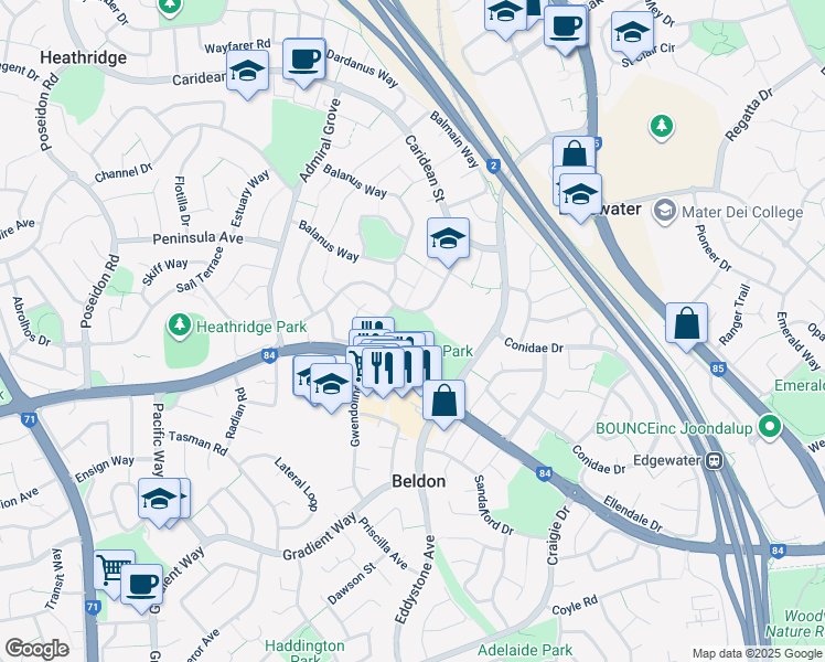 map of restaurants, bars, coffee shops, grocery stores, and more near 55 Littorina Avenue in Heathridge
