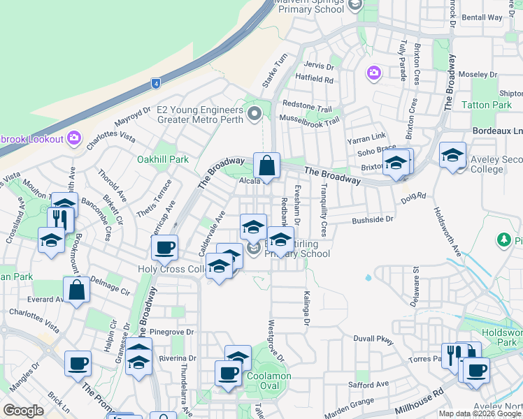 map of restaurants, bars, coffee shops, grocery stores, and more near 6 Dunrobin Drive in Ellenbrook