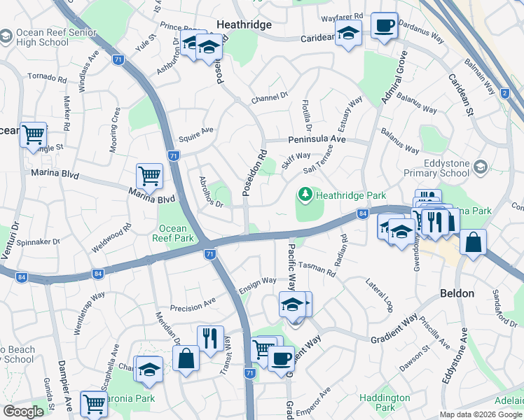 map of restaurants, bars, coffee shops, grocery stores, and more near 8 Sail Terrace in Heathridge