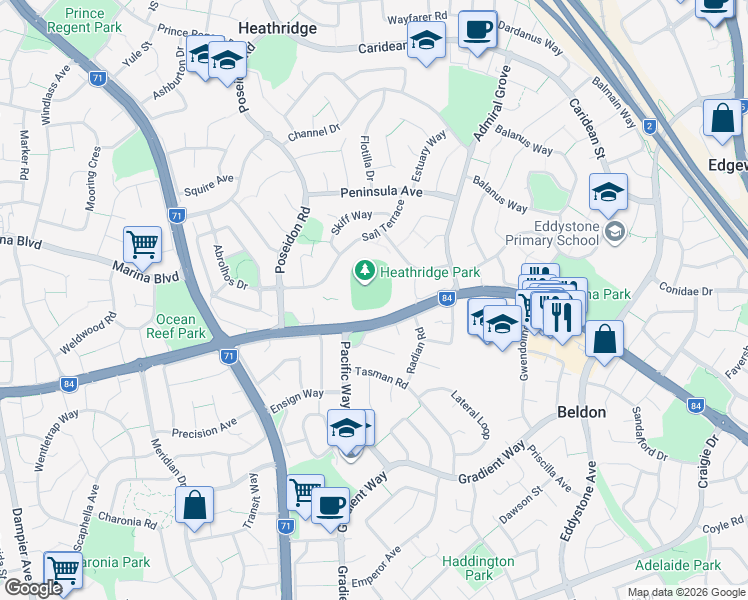 map of restaurants, bars, coffee shops, grocery stores, and more near 16 Sail Terrace in Heathridge