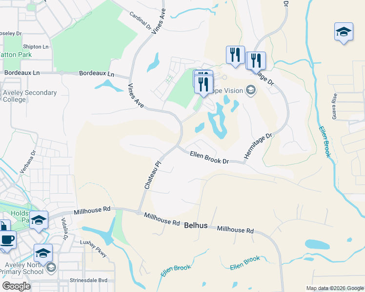 map of restaurants, bars, coffee shops, grocery stores, and more near 1 Ellen Brook Drive in The Vines
