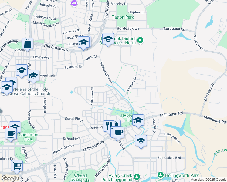 map of restaurants, bars, coffee shops, grocery stores, and more near 95 Holdsworth Avenue in Aveley