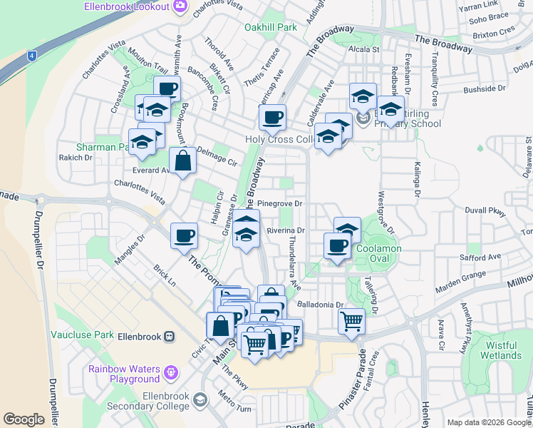 map of restaurants, bars, coffee shops, grocery stores, and more near 65 Rocklea Crescent in Ellenbrook