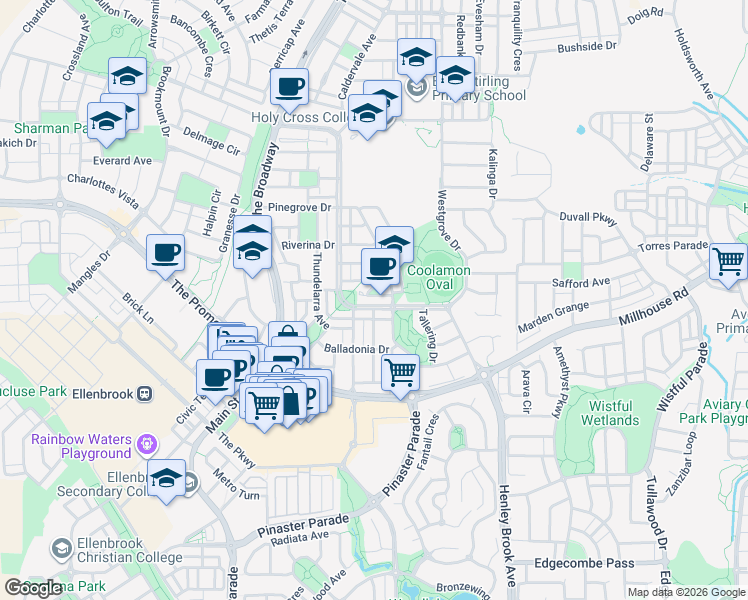 map of restaurants, bars, coffee shops, grocery stores, and more near 50 Coolamon Boulevard in Ellenbrook
