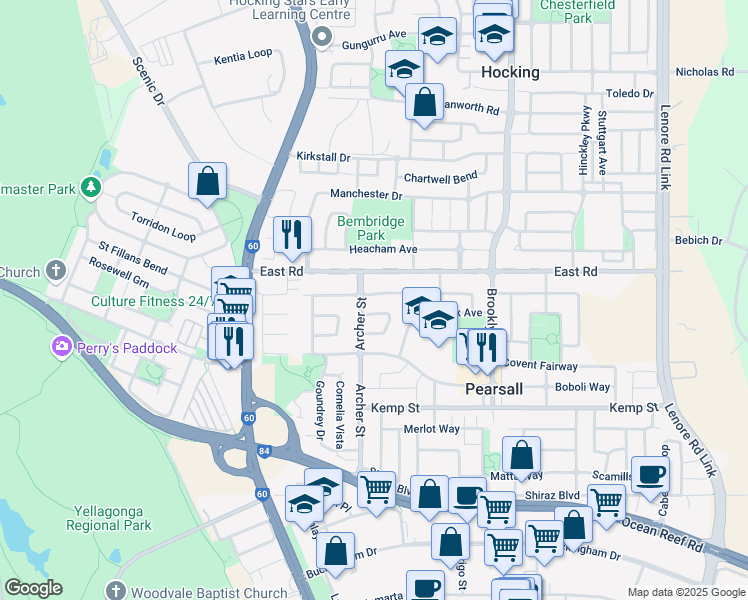 map of restaurants, bars, coffee shops, grocery stores, and more near 38 Amberley Way in Pearsall