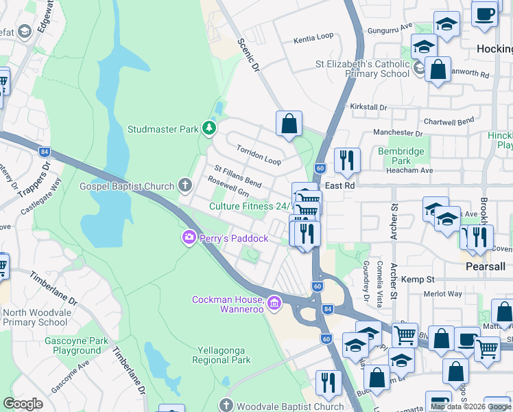 map of restaurants, bars, coffee shops, grocery stores, and more near 8 Rosewell Green in Wanneroo