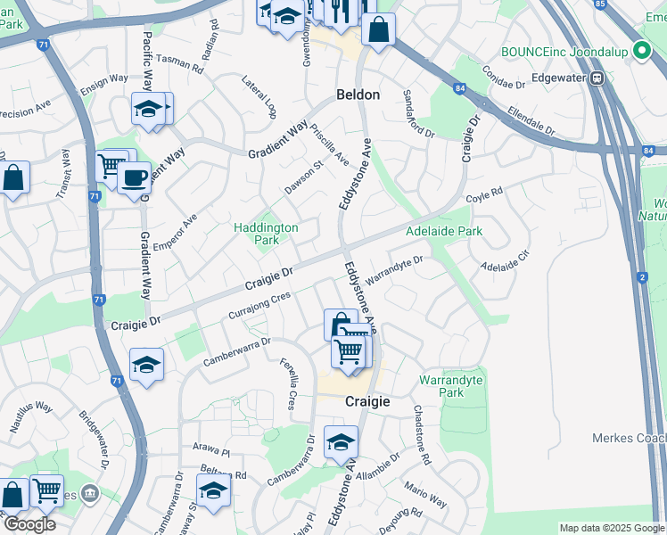 map of restaurants, bars, coffee shops, grocery stores, and more near 34 Allinga Crescent in Craigie