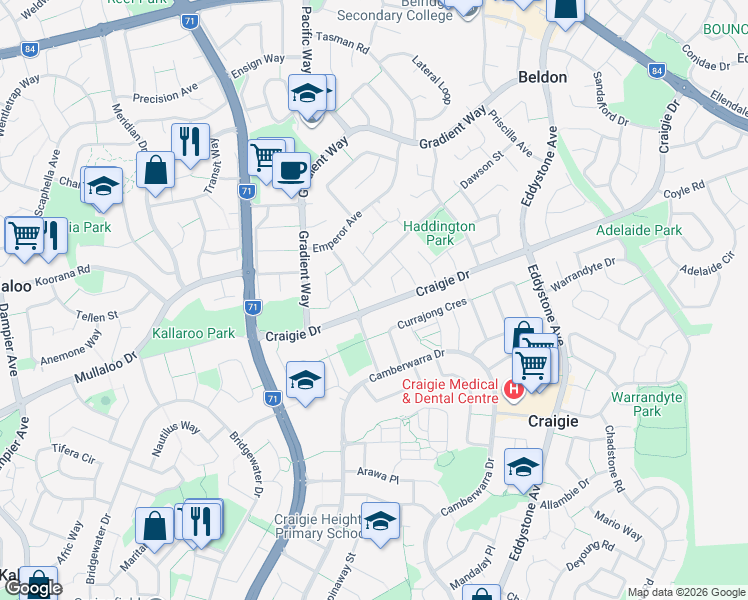 map of restaurants, bars, coffee shops, grocery stores, and more near 47 Craigie Drive in Beldon