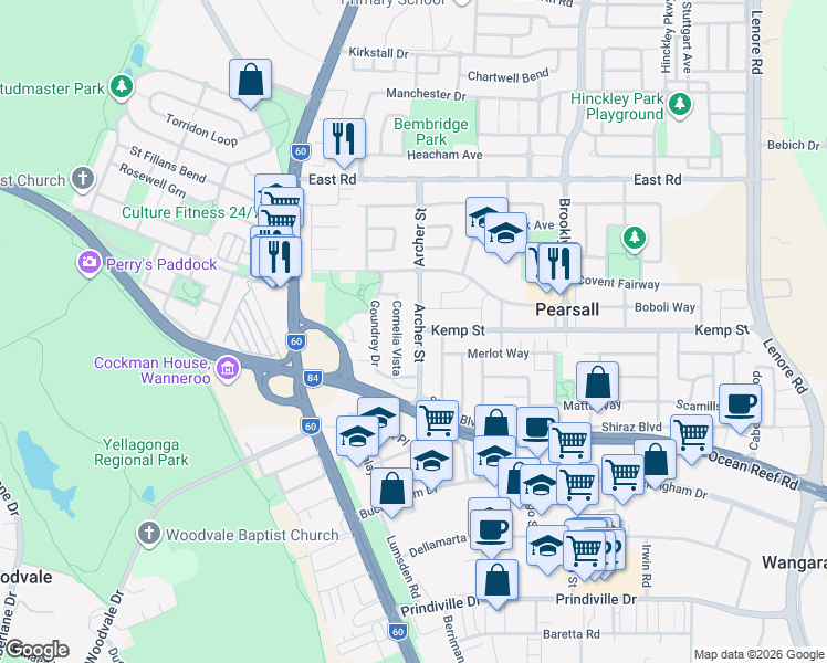 map of restaurants, bars, coffee shops, grocery stores, and more near 33 Archer Street in Pearsall