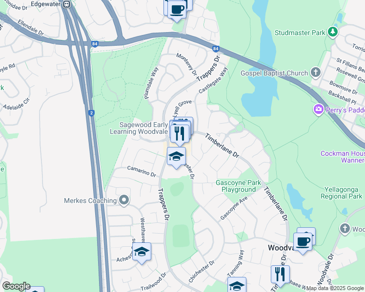 map of restaurants, bars, coffee shops, grocery stores, and more near 153 Trappers Drive in Woodvale