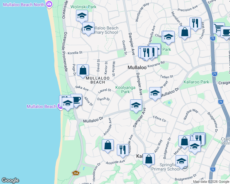 map of restaurants, bars, coffee shops, grocery stores, and more near Karalundie Way in Mullaloo