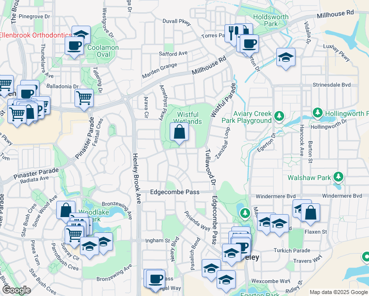 map of restaurants, bars, coffee shops, grocery stores, and more near 38 Wistful Parade in Aveley