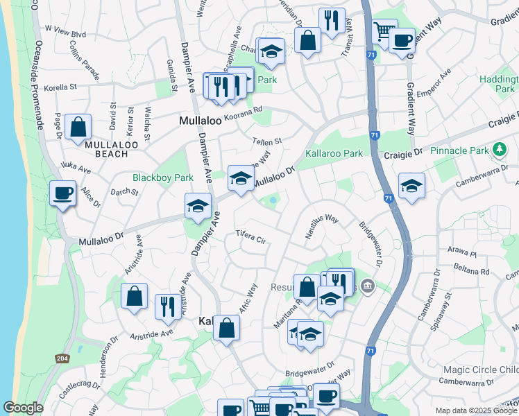 map of restaurants, bars, coffee shops, grocery stores, and more near 11 Stanford Road in Kallaroo