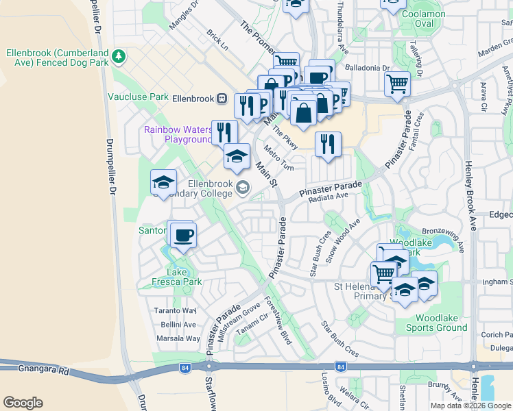 map of restaurants, bars, coffee shops, grocery stores, and more near 25 Oval Vista in Ellenbrook