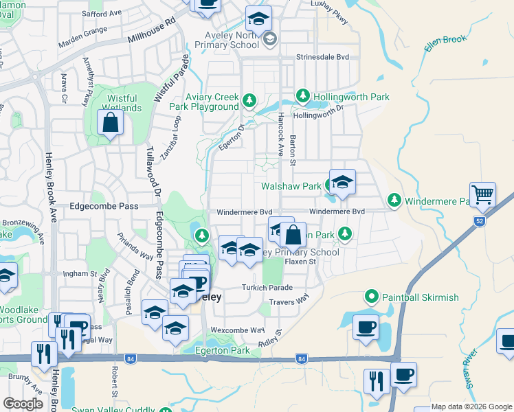 map of restaurants, bars, coffee shops, grocery stores, and more near 35 Windermere Boulevard in Aveley