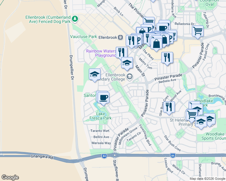 map of restaurants, bars, coffee shops, grocery stores, and more near 7 Trieste Avenue in Ellenbrook