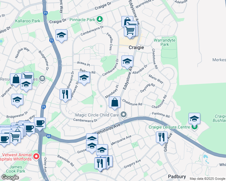 map of restaurants, bars, coffee shops, grocery stores, and more near 15 Mandalay Place in Craigie