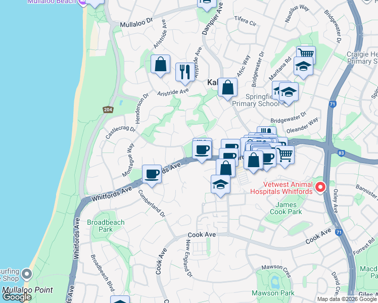 map of restaurants, bars, coffee shops, grocery stores, and more near 2 Belrose Entrance in Kallaroo