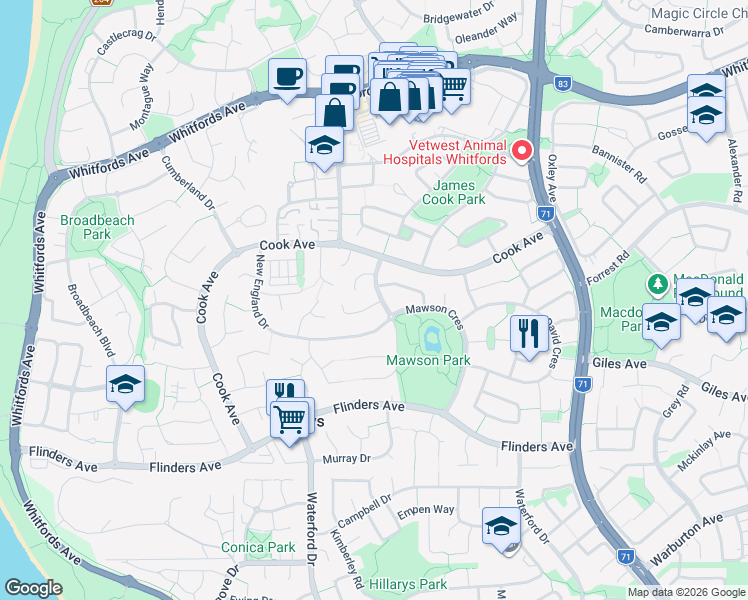 map of restaurants, bars, coffee shops, grocery stores, and more near 2 Bascombe Rise in Hillarys