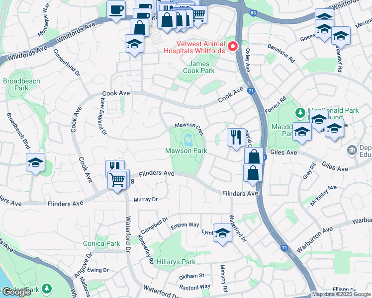 map of restaurants, bars, coffee shops, grocery stores, and more near 22 Mawson Crescent in Hillarys