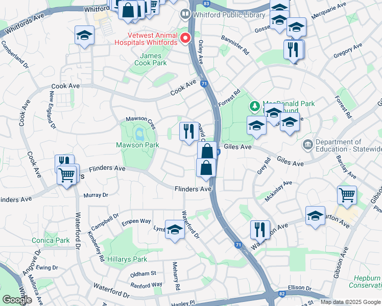 map of restaurants, bars, coffee shops, grocery stores, and more near 52 David Crescent in Hillarys