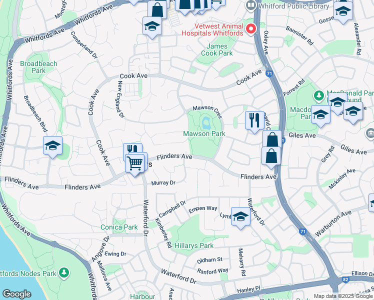 map of restaurants, bars, coffee shops, grocery stores, and more near 71 Flinders Avenue in Hillarys