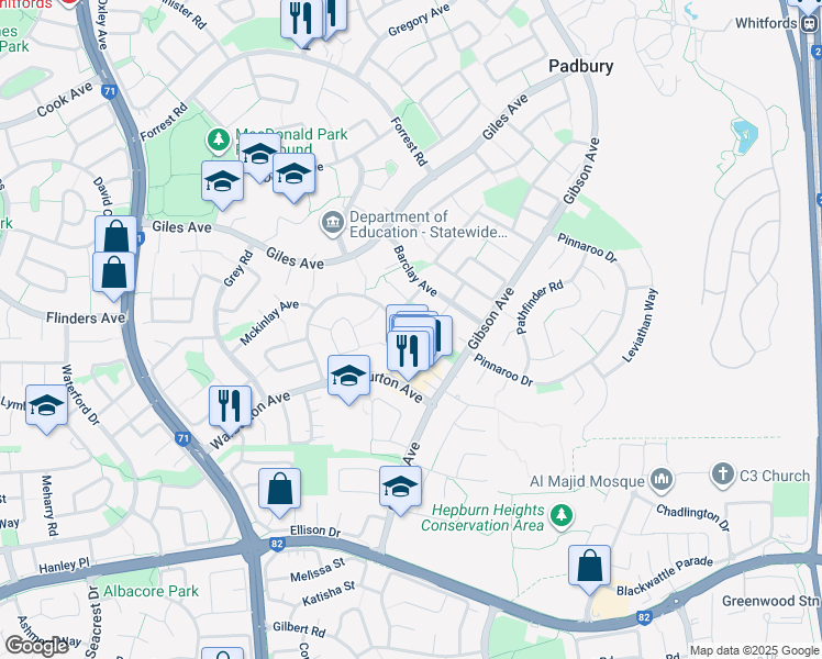 map of restaurants, bars, coffee shops, grocery stores, and more near 57 Leichhardt Avenue in Padbury