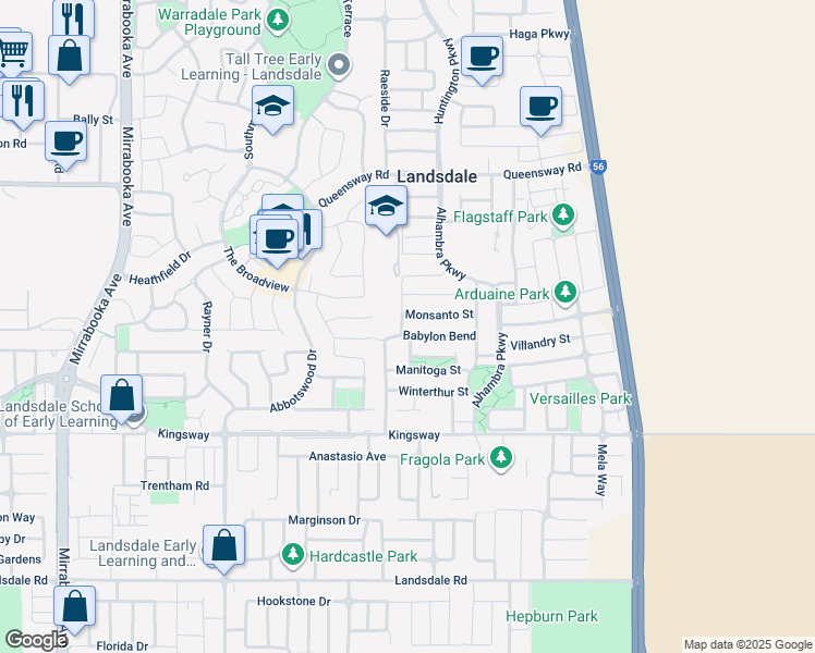 map of restaurants, bars, coffee shops, grocery stores, and more near 32 Babylon Bend in Landsdale