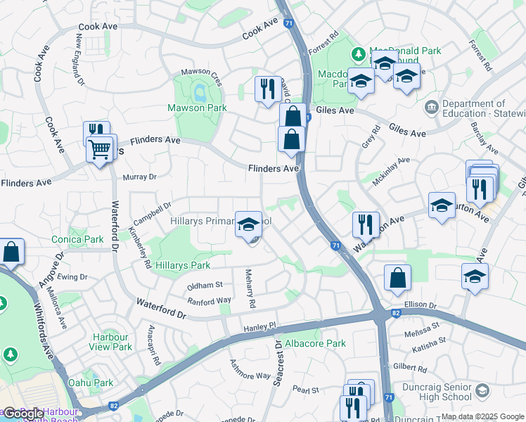 map of restaurants, bars, coffee shops, grocery stores, and more near Waterford Drive in Hillarys