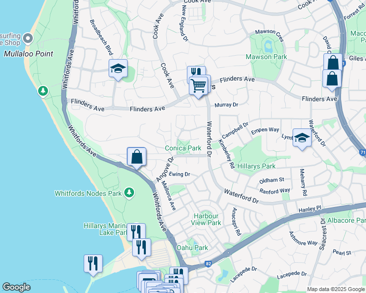 map of restaurants, bars, coffee shops, grocery stores, and more near 7 Conica Crescent in Hillarys