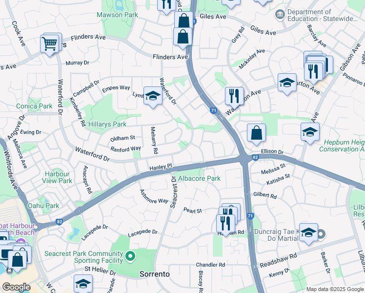 map of restaurants, bars, coffee shops, grocery stores, and more near in Hillarys