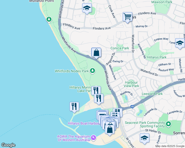 map of restaurants, bars, coffee shops, grocery stores, and more near 115 Whitfords Avenue in Hillarys