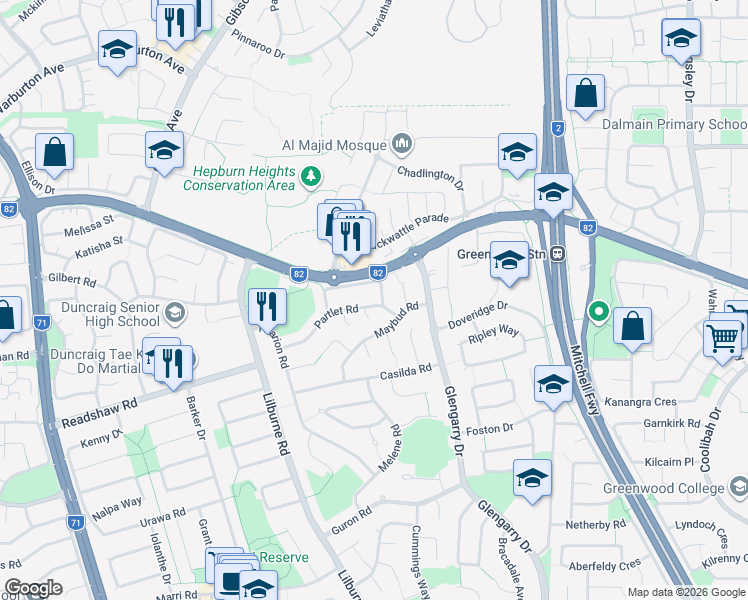 map of restaurants, bars, coffee shops, grocery stores, and more near 43 Partlet Road in Duncraig