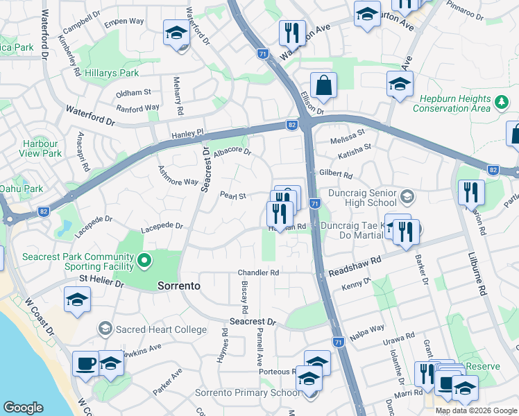 map of restaurants, bars, coffee shops, grocery stores, and more near 9 Albacore Drive in Sorrento