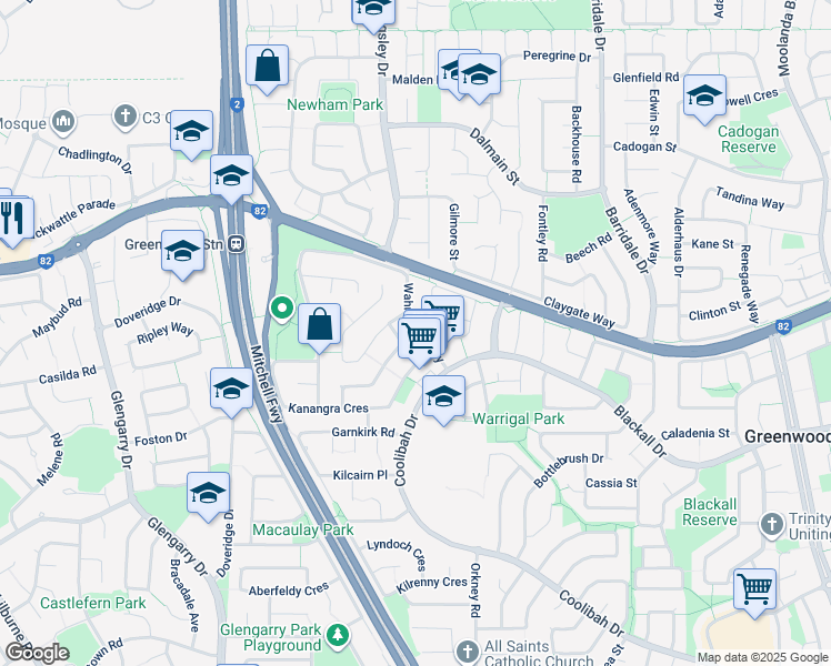 map of restaurants, bars, coffee shops, grocery stores, and more near 17 Wahroonga Way in Greenwood