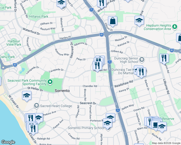 map of restaurants, bars, coffee shops, grocery stores, and more near 27 Harman Road in Sorrento