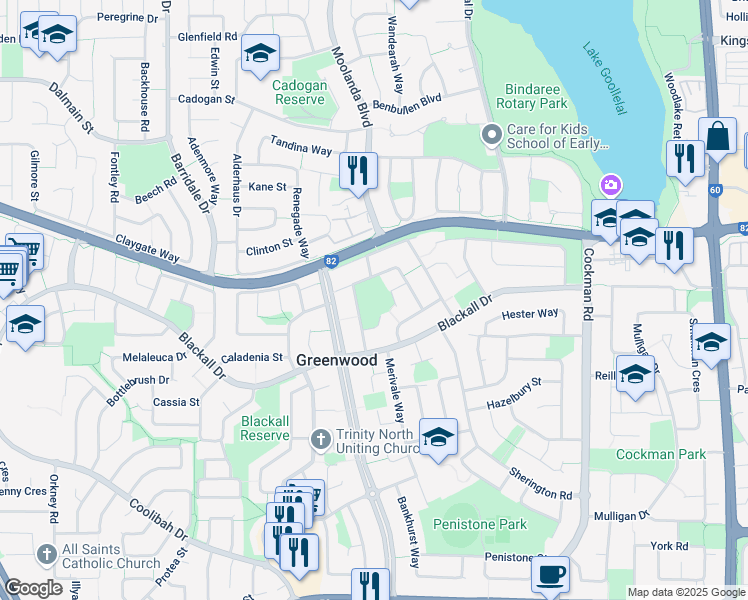 map of restaurants, bars, coffee shops, grocery stores, and more near Annato Street in Greenwood