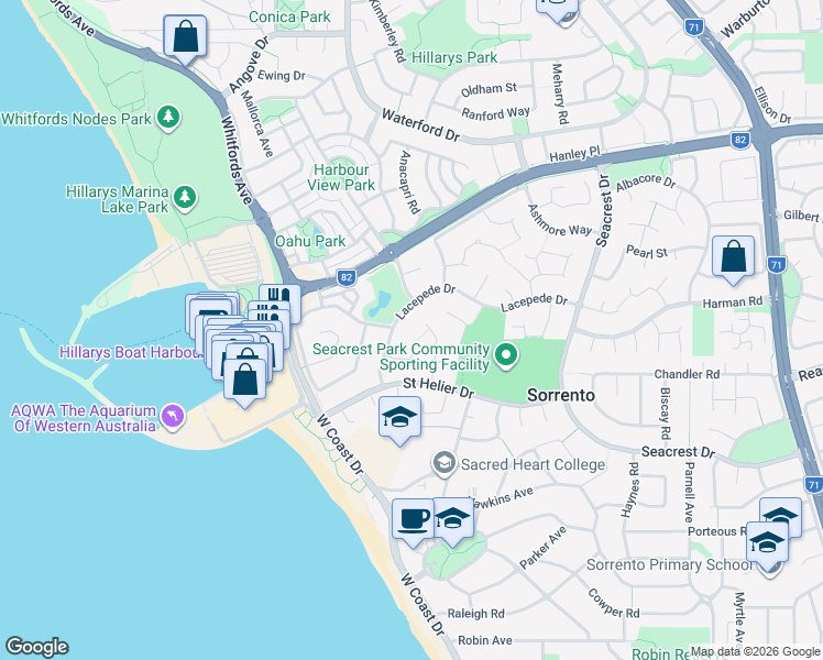map of restaurants, bars, coffee shops, grocery stores, and more near 11 Hibernia Rise in Sorrento