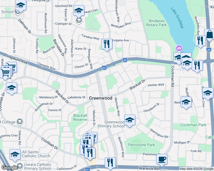 map of restaurants, bars, coffee shops, grocery stores, and more near Annato Street in Greenwood