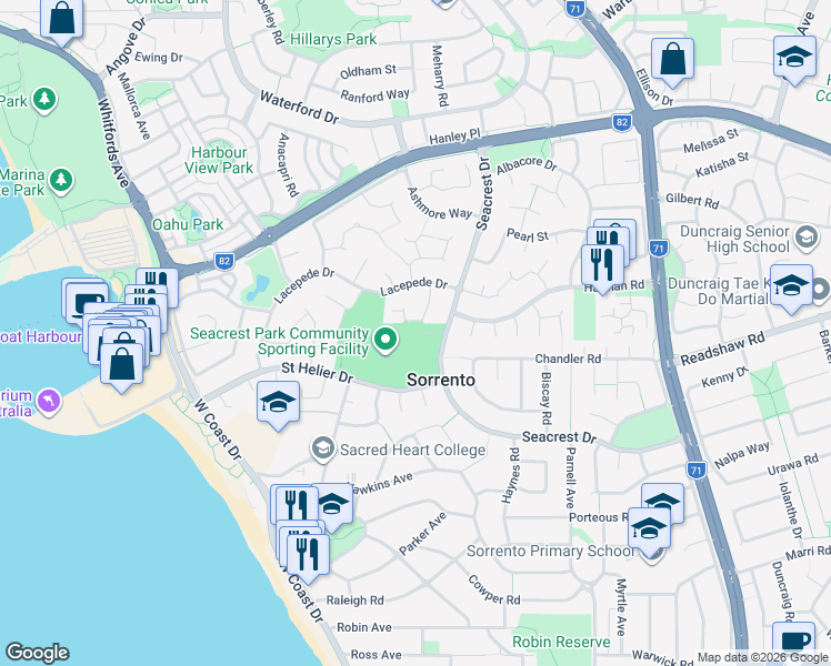 map of restaurants, bars, coffee shops, grocery stores, and more near 93 Seacrest Drive in Sorrento