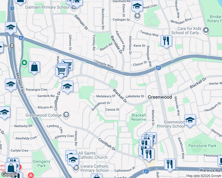map of restaurants, bars, coffee shops, grocery stores, and more near 144 Blackall Drive in Greenwood